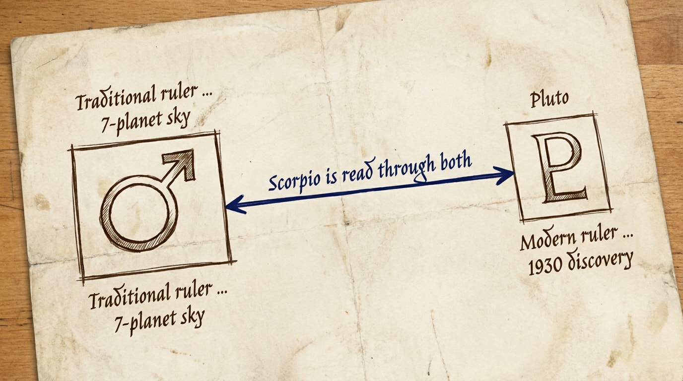 A hand-drawn architectural blueprint on aged ivory paper with faint tea-stain at the corners — two pen-line diagrams framed by light navy guide lines and tick marks, the left study of a Mars glyph annotated in handwritten serif "Traditional ruler · assigned since classical antiquity · 7-planet sky", the right study of the Pluto monogram annotated "Modern ruler · added after 18 Feb 1930 discovery", with a faint navy dimension line across the bottom captioned "Scorpio is read through both"