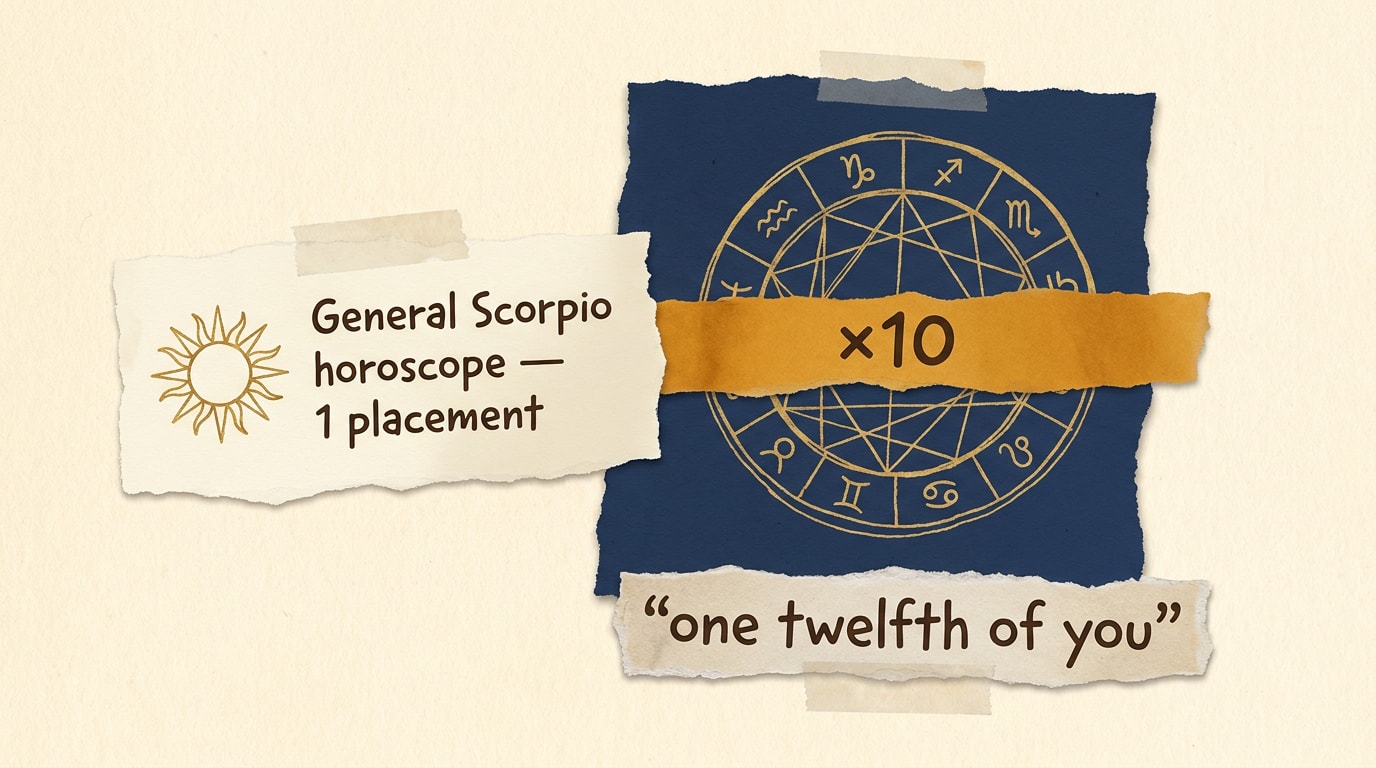 An editorial collage in the spirit of a New Yorker spread — torn-paper rectangles in cream and warm navy layered with scissor-cut amber ribbons, a small cream scrap on the left holding a gold Sun glyph and the label "General Scorpio horoscope — 1 placement", a larger torn navy panel on the right carrying a full astrological chart wheel in fine gold line labelled "Your Scorpio chart — 10 placements", a thin amber ribbon arcing between them with a small "×10" caption, and an oversized italic serif pull-quote along the bottom reading "one twelfth of you"