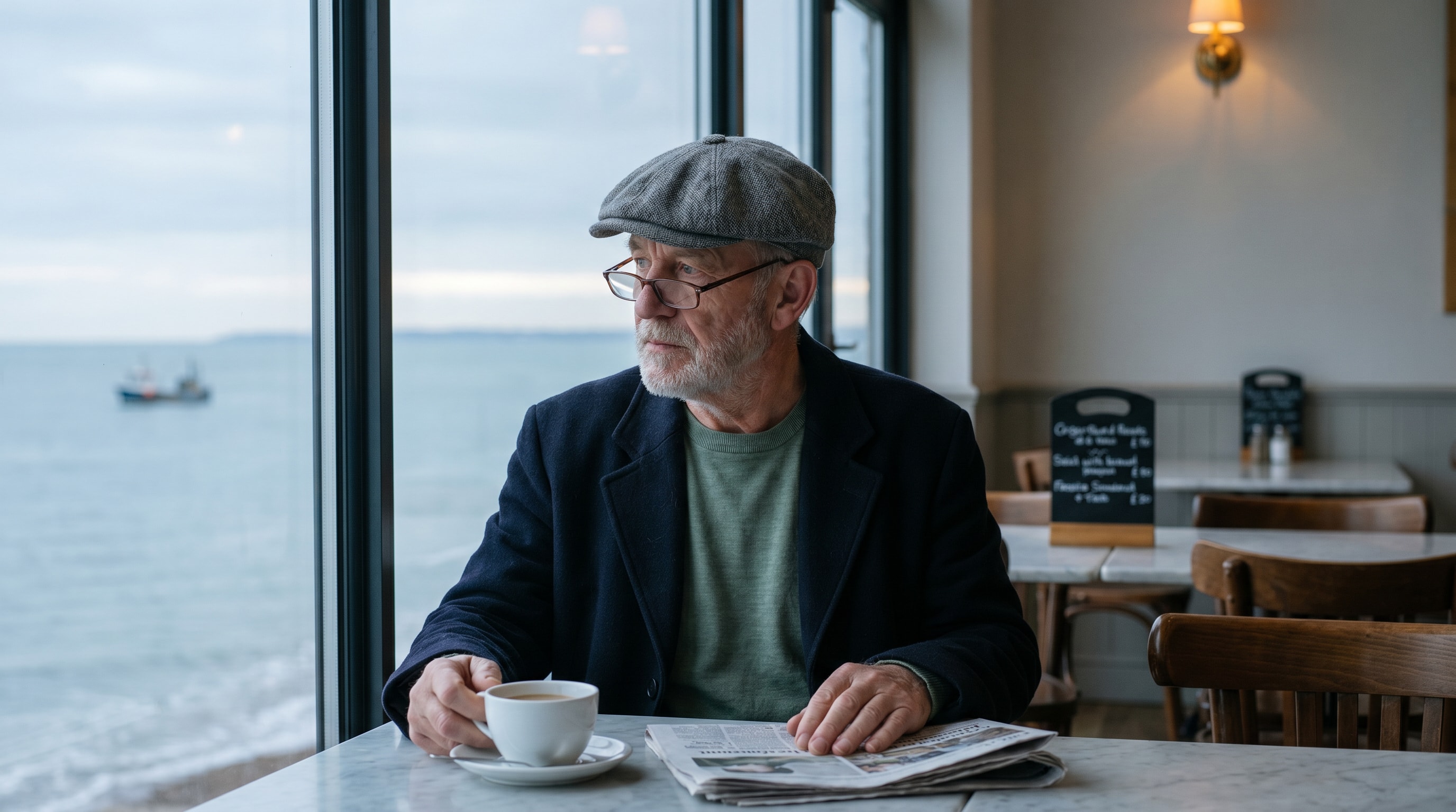 A 71-year-old White British man in a seaside cafe in soft cool morning light, flat cap and worn navy wool coat, a cup of tea and a folded newspaper on the marble table, gaze directed out at the sea through the window