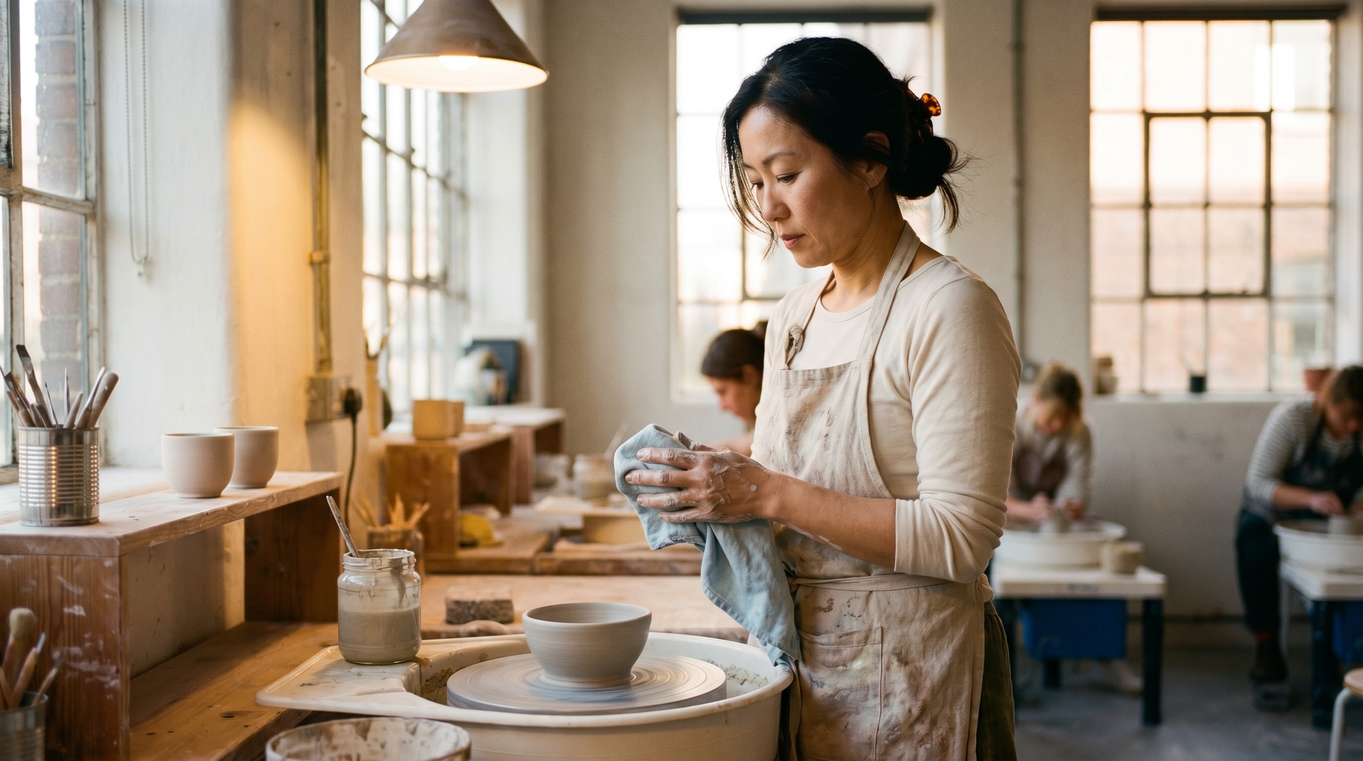 A 40-year-old woman of East Asian heritage at a community pottery class in warm afternoon light, clay-streaked linen apron over a cream shirt, cleaning her hands with a damp cloth while looking down at the wheel