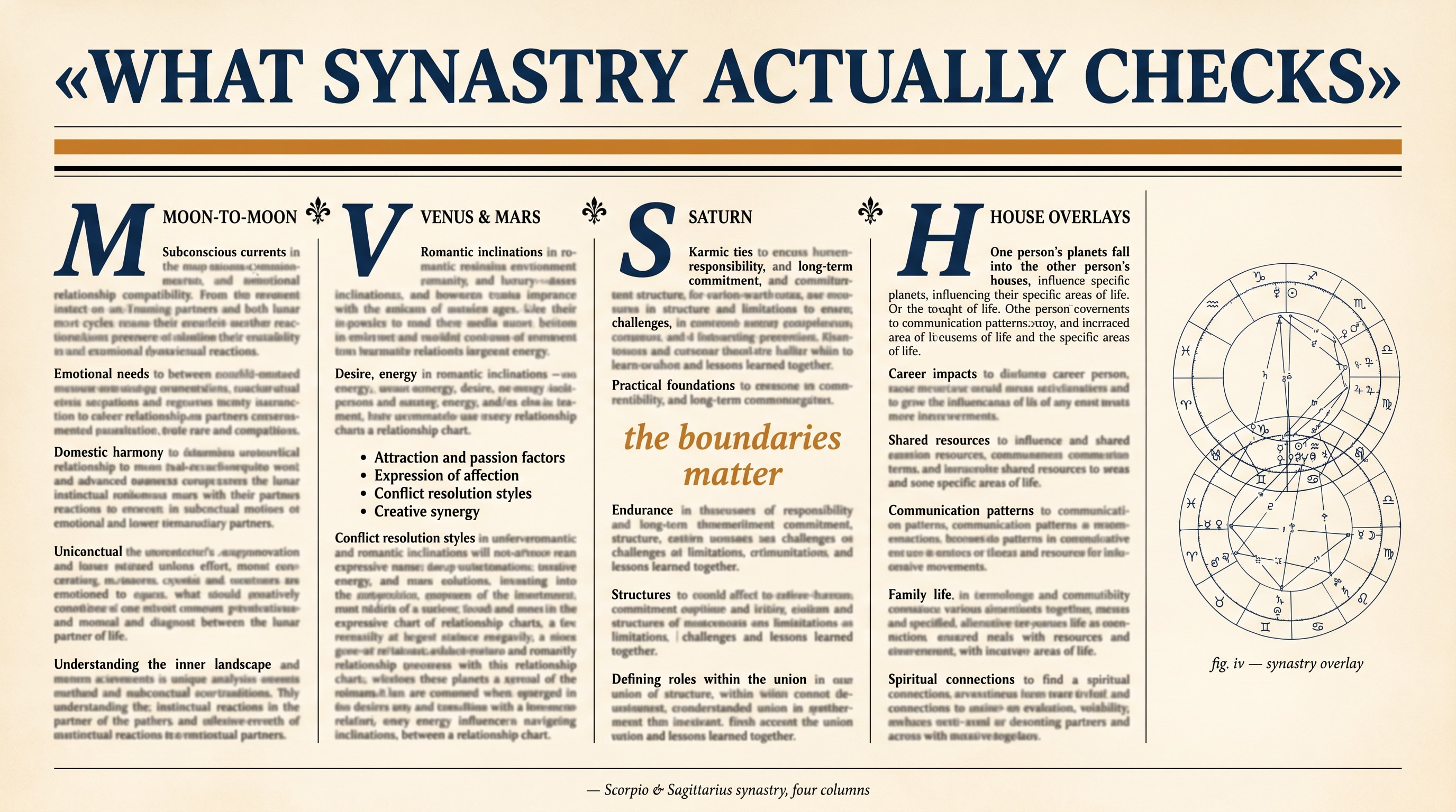 A 1920s broadsheet newspaper page in warm cream and navy-black ink with one amber accent rule beneath the headline "What synastry actually checks", four columns separated by fleuron dividers with drop-cap initials for the four factors, a small hand-drawn schematic of overlapping astrological wheels in the right margin