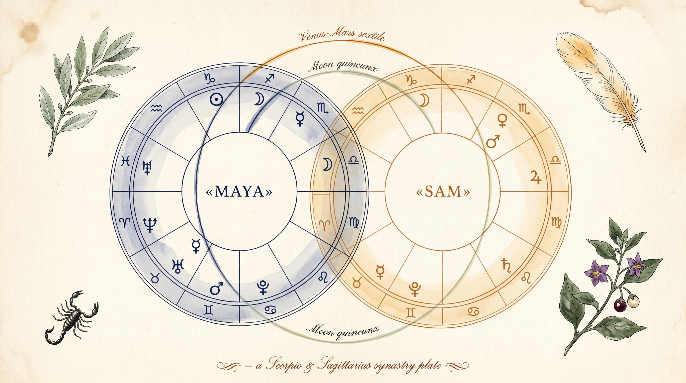 An Audubon-style botanical watercolour plate on aged cream paper showing two overlapping zodiac wheels labelled Maya in deep navy and Sam in warm amber, three slender ink lines between them with copperplate labels for Sun semisextile, Moon quincunx and Venus-Mars sextile, with botanical flourishes