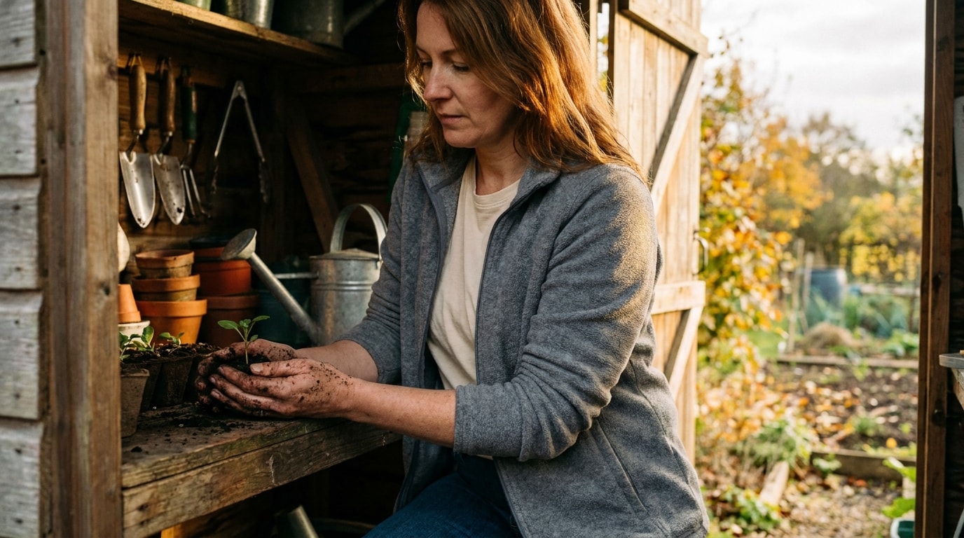 A White British woman in her late thirties wearing a practical olive fleece, potting young seedlings into terracotta pots on a low wooden bench inside the open doorway of an allotment shed on an autumn afternoon, soil-stained hands cupping a seedling, in the spirit of an FT Magazine weekend portrait