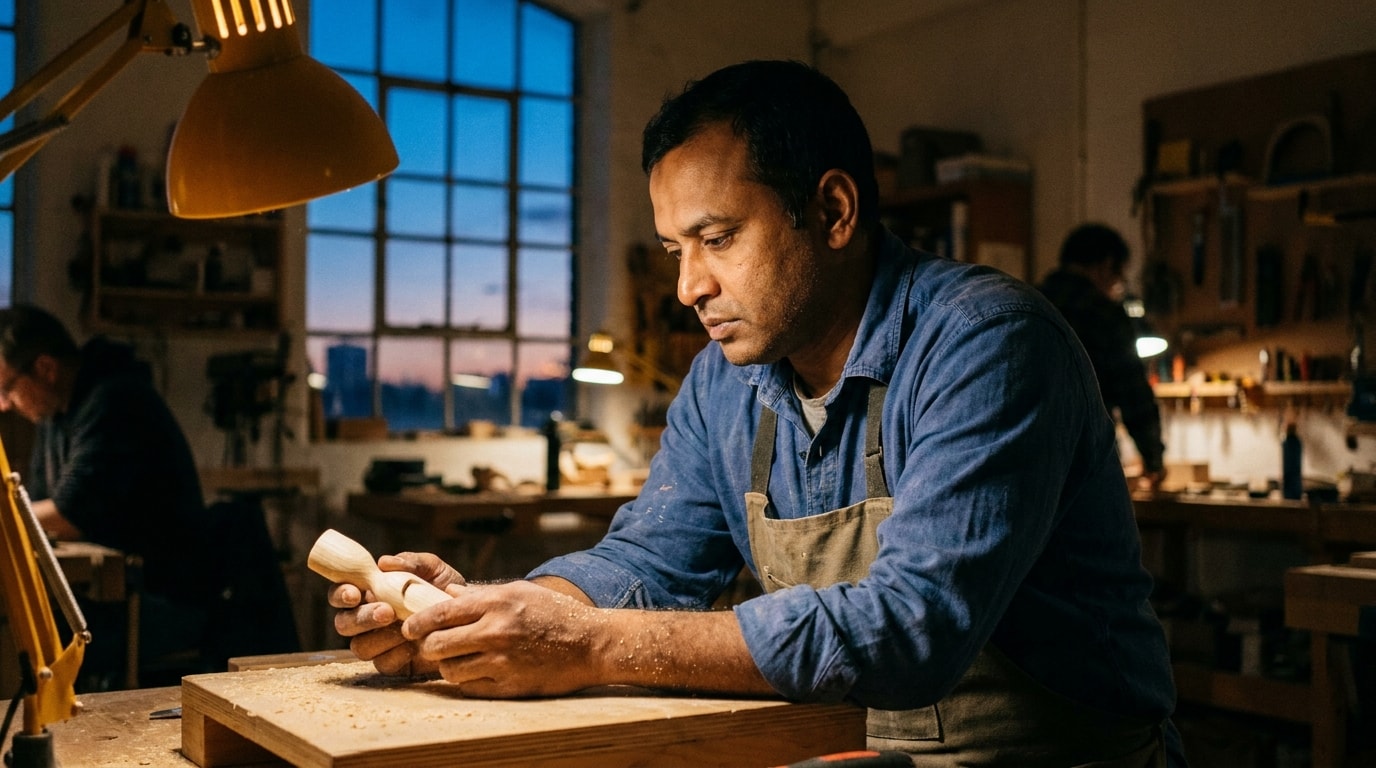 A British Bangladeshi man in his late thirties in a faded indigo work shirt and canvas apron, sanding a small palm-sized piece of pale ash wood at a low workbench inside a shared urban makerspace in the early evening, warm work-lamp overhead and indigo dusk through a tall industrial window, in the spirit of an Aeon essay photograph