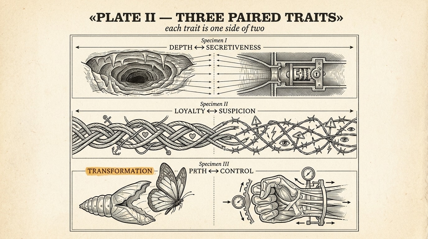A vintage scientific-textbook engraving plate on warm cream paper, showing three stacked paired-trait specimens drawn as horizontal anatomical cross-sections — "Depth ↔ Secretiveness", "Loyalty ↔ Suspicion", "Transformation ↔ Control" — each labelled in serif small-caps with hair-thin leader-lines, with a single warm amber accent reserved for the "Transformation" label