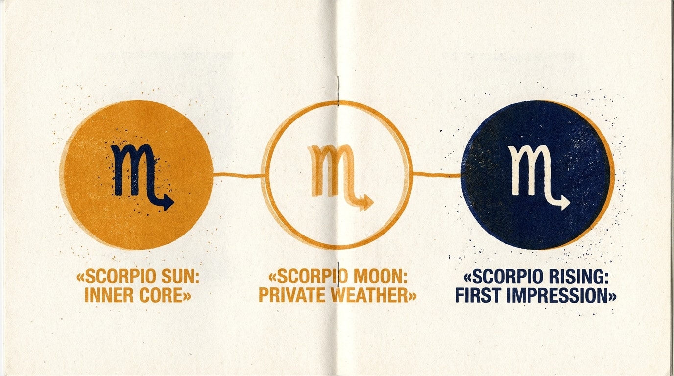 A risograph-printed indie zine spread in a limited three-colour palette of warm navy, amber and cream with heavy paper grain and slightly misregistered colour layers, showing three bold flat circles in a row joined by a misregistered amber line — "Scorpio Sun: inner core" as a solid amber disc, "Scorpio Moon: private weather" as an outline circle, "Scorpio Rising: first impression" as a solid navy disc — each stamped with the Scorpio glyph in a different riso treatment