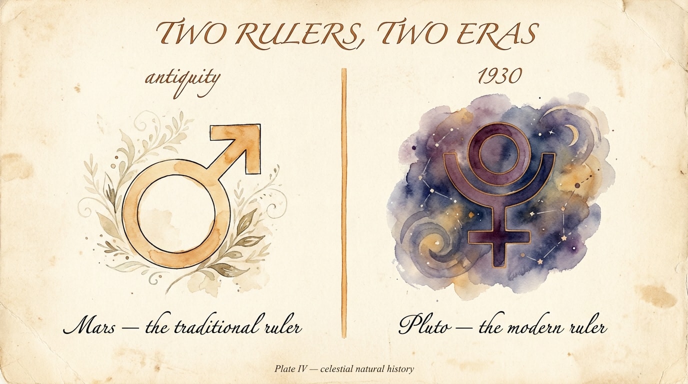An Audubon-style botanical and celestial watercolour plate on aged paper, divided into two panels by a slender hand-painted amber timeline marked "antiquity" and "1930" in copperplate script — left panel "Mars · the traditional ruler" as a washed amber pictogram, right panel "Pluto · the modern ruler" as a deep-plum and navy watercolour wash with a fine amber outline — with flourished copperplate labels and soft foxed paper texture