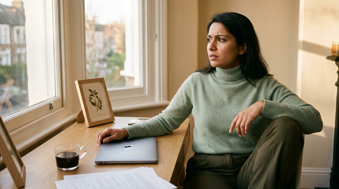 A 31-year-old British Indian woman in home office at lunch, wearing soft black turtleneck, closing laptop, looking out window, soft natural editorial lighting