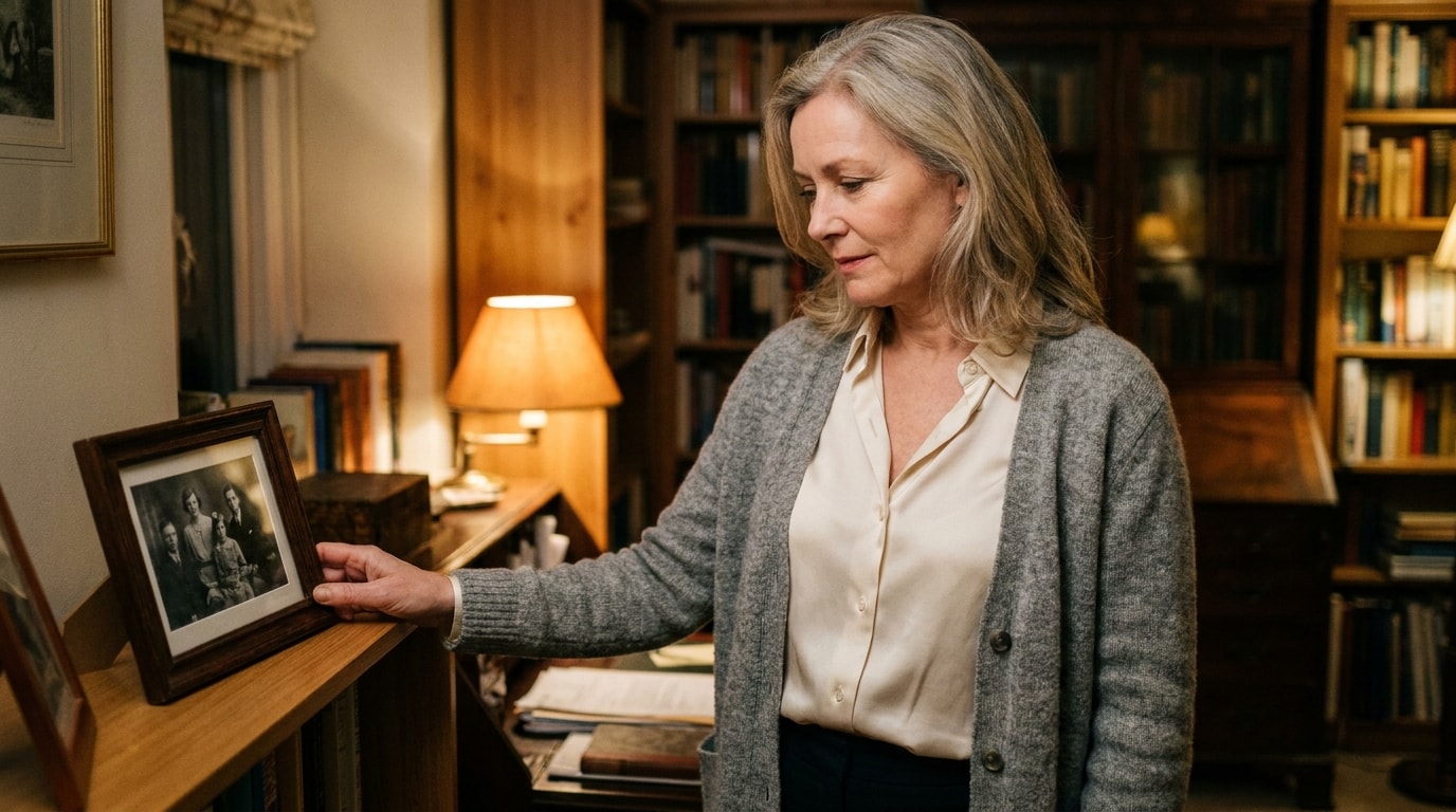 A 48-year-old White British woman in home study evening, wearing soft grey cardigan, looking at framed photo on shelf, soft natural editorial lighting