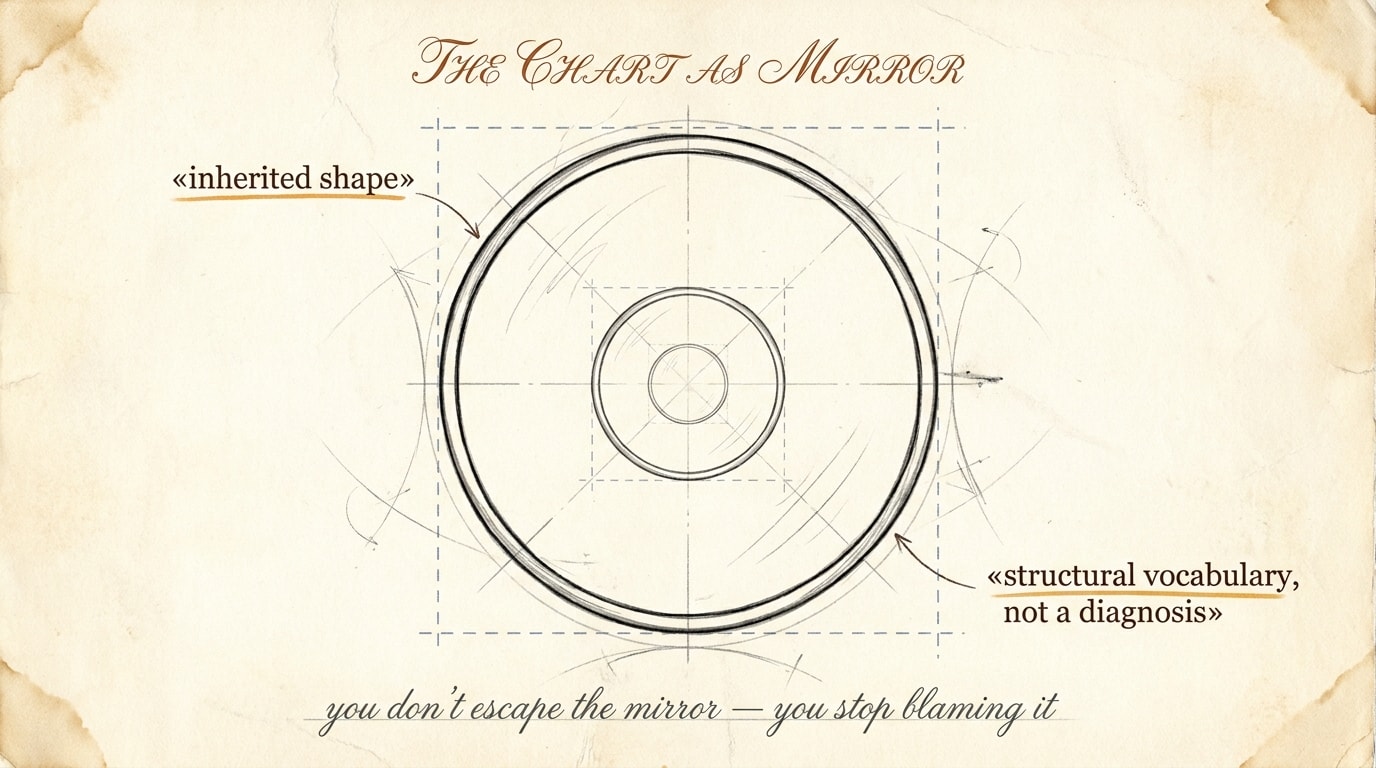 Hand-drawn architectural blueprint on aged ivory paper: a chart wheel rendered as a draughtsman's diagram of a circular mirror with pencil-line construction guides and handwritten margin annotations reading 'inherited shape' (amber-underlined) and 'structural vocabulary, not a diagnosis'