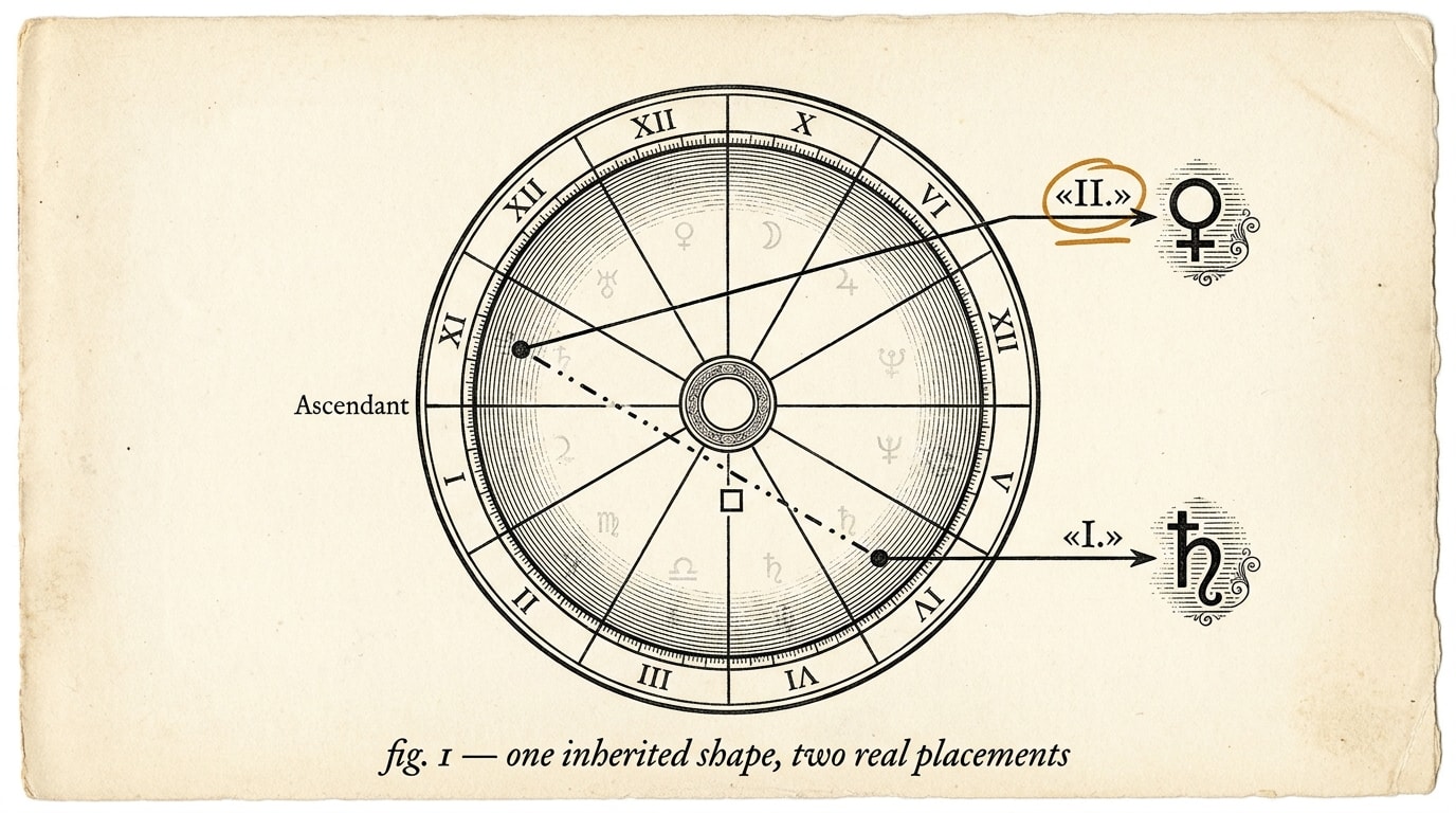 Vintage scientific-textbook engraving on warm cream paper: a fine black-ink chart wheel with Roman-numeral leader lines marking Saturn ('I.') and Venus in the twelfth house ('II.', circled in the single amber accent and amber-underlined), a fine dashed line crossing between them with a small open square at its midpoint, italic serif caption 'fig. 1 — one inherited shape, two real placements'
