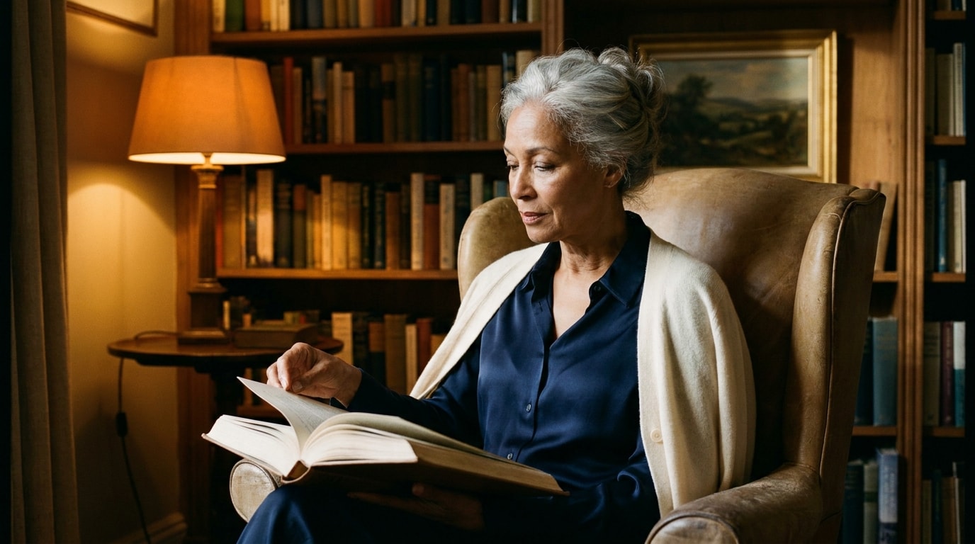 A 68-year-old Mixed heritage woman in sitting room with bookshelves, wearing silk blouse + cardigan, turning page of large hardback, soft natural editorial lighting