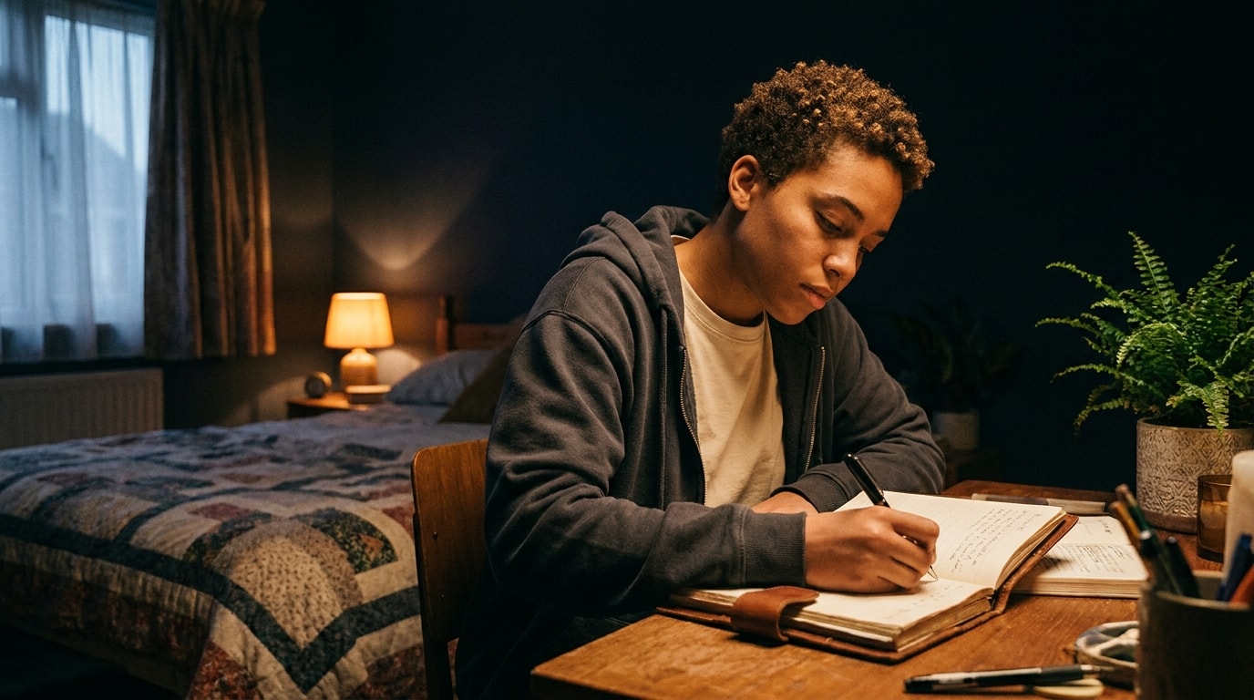 A 22-year-old Mixed heritage androgynous-presenting person in bedroom desk evening, wearing soft grey hoodie, writing in a journal, lamp on, soft natural editorial lighting