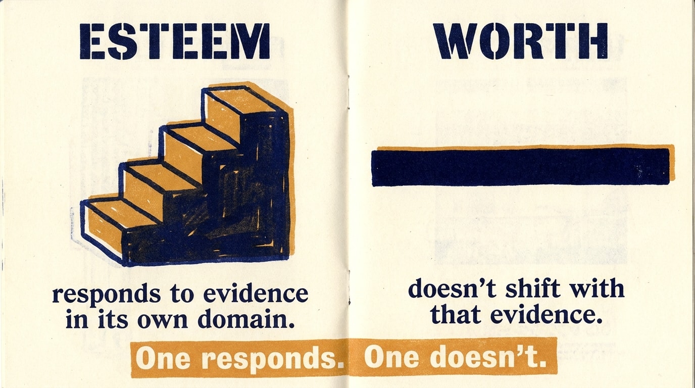 A risograph-printed indie-zine spread in three colours — warm navy, amber, cream — with visible print grain and slightly misregistered colour layers: the left panel headed ESTEEM in bold stencil caps shows a chunky stepped staircase climbing upward with the line "responds to evidence in its own domain"; the right panel headed WORTH shows one thick unbroken horizontal bar with "doesn't shift with that evidence"; a hand-set amber strip across the foot carries the diagnostic caption