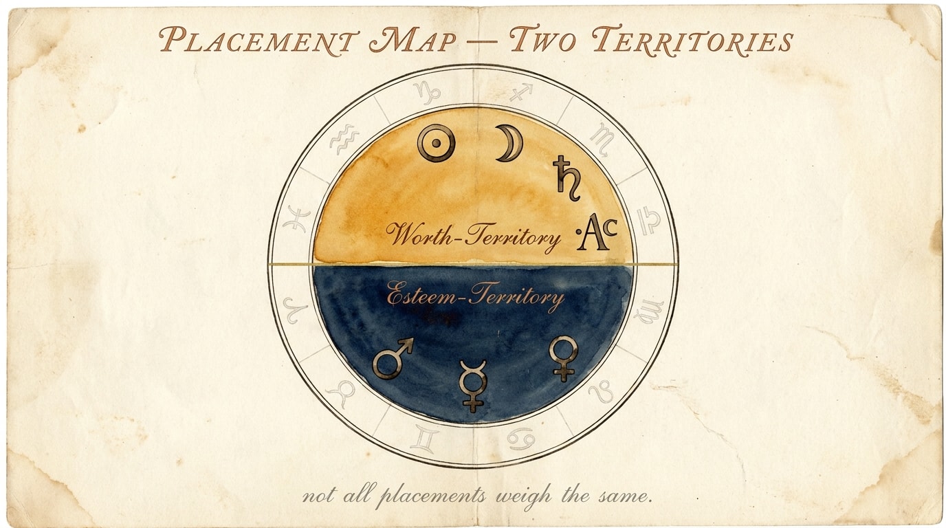 An Audubon-style botanical-celestial watercolour plate on aged cream paper: a hand-inked chart wheel washed in two pigments — the upper half in warm amber-gold labelled Worth-Territory in copperplate script with ink-and-wash glyphs for Sun, Moon, Saturn, and ASC; the lower half in deep navy labelled Esteem-Territory with hand-painted glyphs for Mars, Mercury, and Venus; faint pencil zodiac sigils around the rim, the quiet authority of a 19th-century natural-history folio