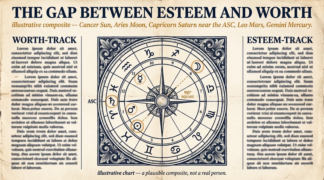 A vintage broadsheet newspaper spread in 1920s-40s editorial style on warm cream newsprint with deep navy ink and one amber accent: an oversized serif masthead reads THE GAP BETWEEN ESTEEM AND WORTH over a smaller amber deck; the centre carries a hand-engraved woodcut-style chart wheel with five circled positions — Cancer Sun, Aries Moon, Capricorn Saturn near the ASC, Leo Mars, Gemini Mercury — and a single thin dashed amber line marking the Moon-Saturn square; flanking the chart, two narrow justified columns headed WORTH-TRACK and ESTEEM-TRACK; italic caption: illustrative chart, a plausible composite, not a real person