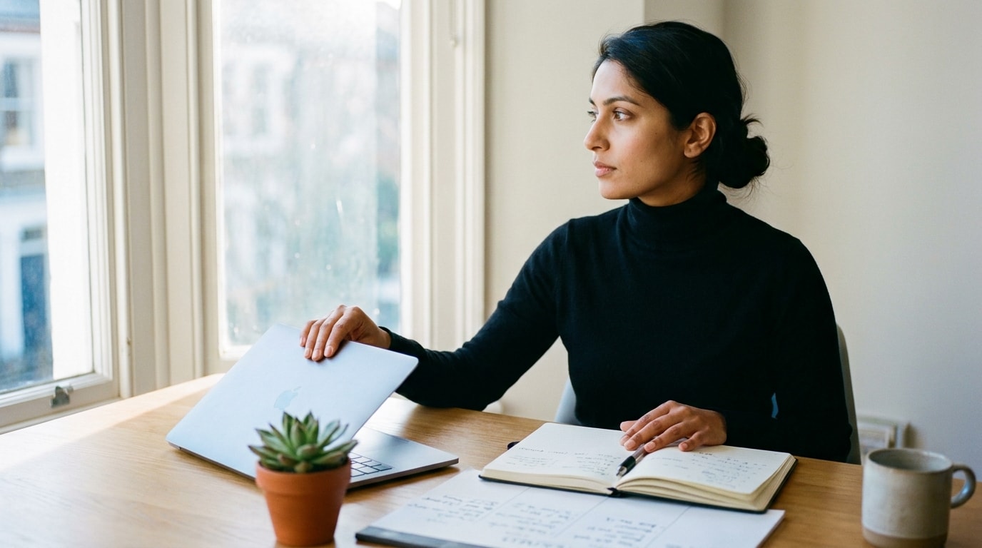 A 31-year-old British Indian woman at her home office during lunch, soft black turtleneck, closing her laptop with a journal open beside it and looking out at the window mid-thought