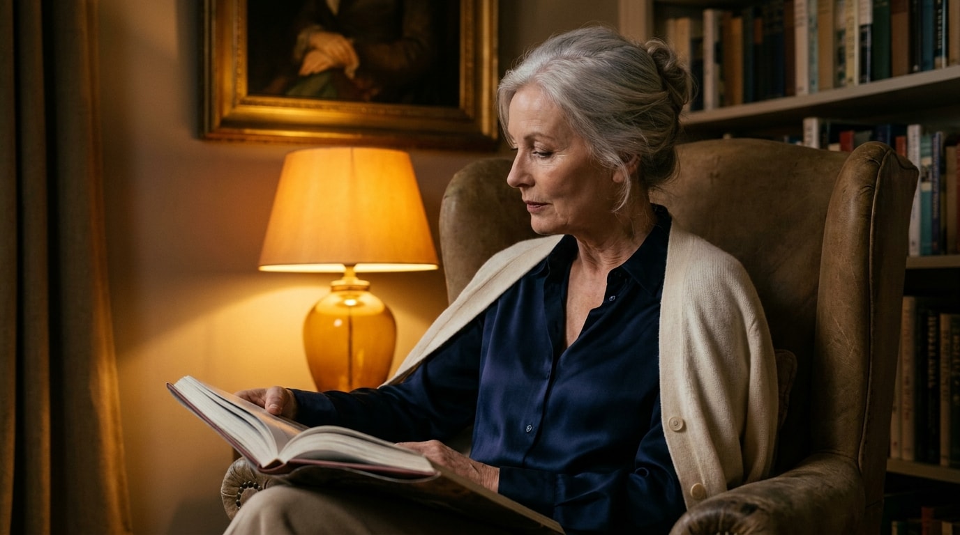 A 68-year-old British woman of mixed heritage in her sitting room on a calm evening, silk blouse and cardigan, turning the page of a large hardback with the lamplight pooling around the chair