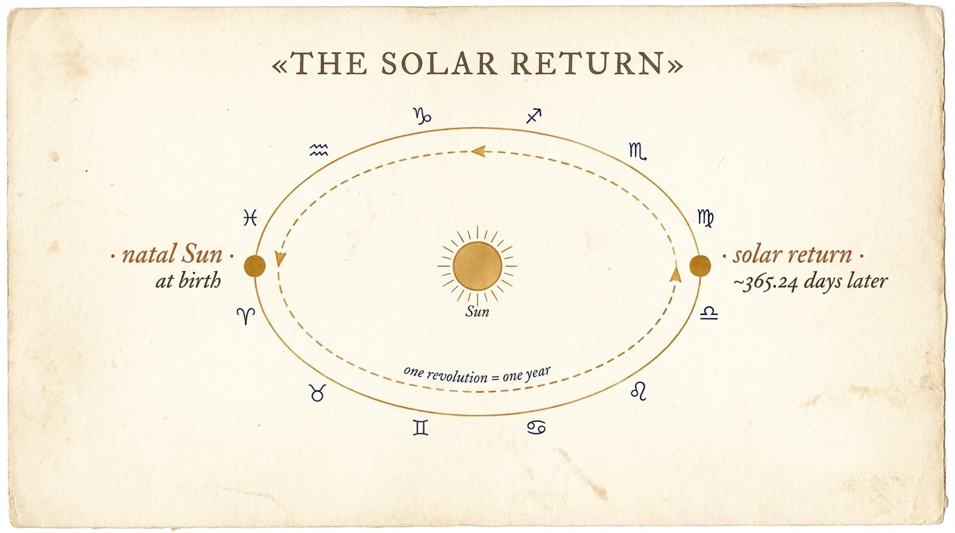 Editorial astronomical diagram showing the Sun's apparent annual path through the zodiac with two highlighted points — «natal Sun at birth» and «solar return ~365.24 days later» — warm-navy and amber palette