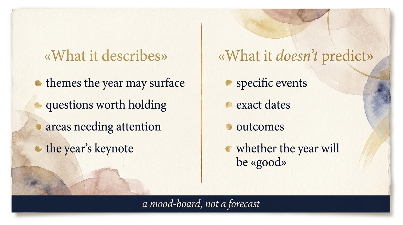 Editorial split-panel infographic — left panel «What it describes: themes the year may surface (questions worth holding, areas needing attention, the year's keynote)»; right panel «What it doesn't predict: specific events, dates, outcomes, whether the year will be 'good'» — warm-navy and amber palette