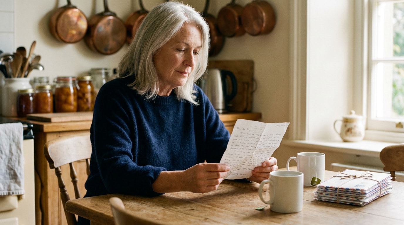 A White British woman in her late fifties sitting at a worn oak kitchen table in late-morning light, navy jumper sleeves pushed up, reading an opened handwritten letter on airmail paper with two cold mugs of tea and a small stack of more letters tied with garden twine beside her