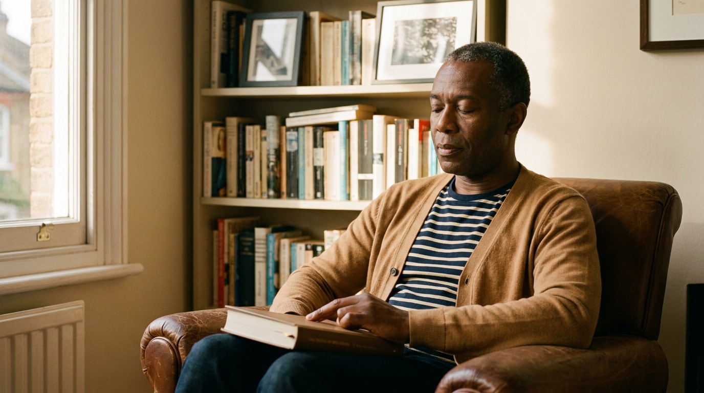 A Black British man of African heritage in his early fifties sitting in a leather reading chair in his home study, camel cardigan over a striped shirt, eyes briefly closed in unhurried thought, a closed book at his lap with a finger marking the page, wall of lived-in bookshelves behind him in warm afternoon light