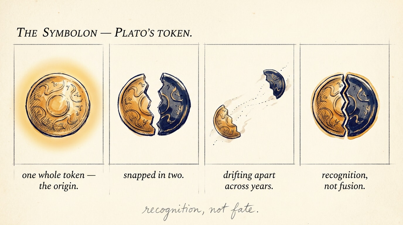A hand-drawn editorial comic-strip infographic on cream paper, four loose pen-and-wash frames showing the Plato symbolon-token whole, then snapped in two, then drifting apart across years, then meeting again with edges fitted but not fused, with handwritten captions framing the story as recognition rather than fate