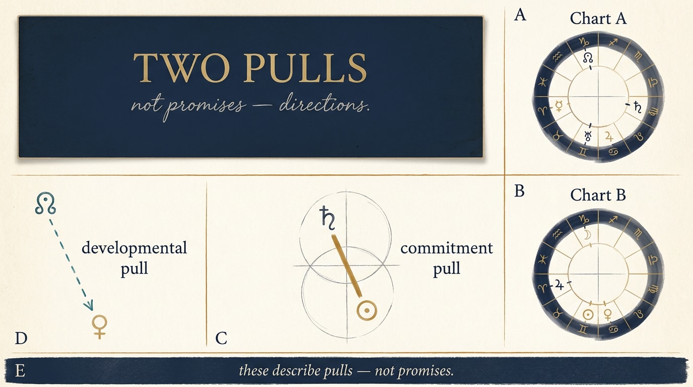 A bento-grid editorial infographic on cream with a navy hero panel reading "Two pulls", five surrounding panels showing simplified Chart A and Chart B wheels, a solid-gold Saturn-to-Sun connector labelled commitment pull, a dashed-teal North Node-to-Venus connector labelled developmental pull, and a closing caption noting these describe pulls, not promises
