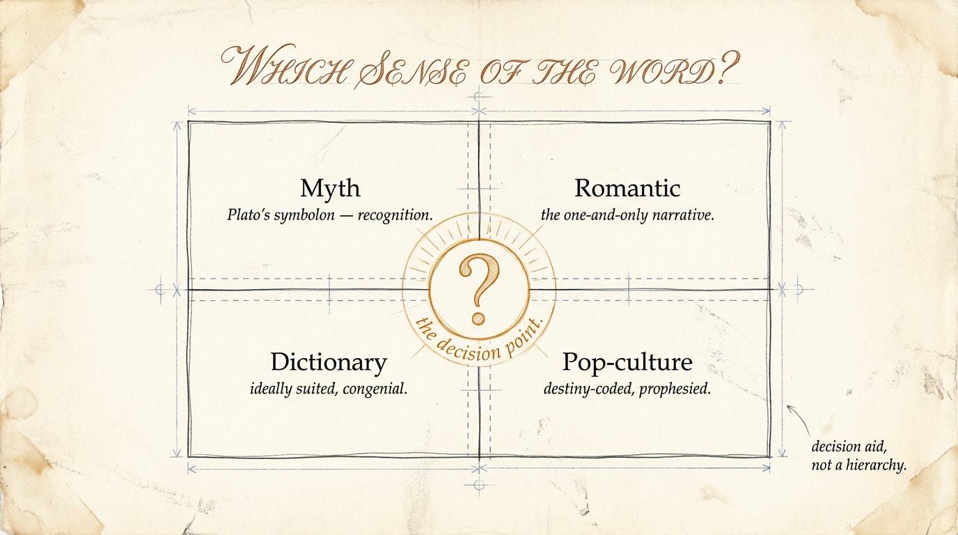 A hand-sketched architectural-blueprint infographic on aged ivory paper titled "Which sense of the word?", a 2×2 freehand pen-line grid with light-navy measurement guides and handwritten serif annotations in four cells — Myth, Romantic, Dictionary, Pop-culture — with a hand-drawn amber question-mark circle at the centre and a margin note flagging it as a decision aid, not a hierarchy