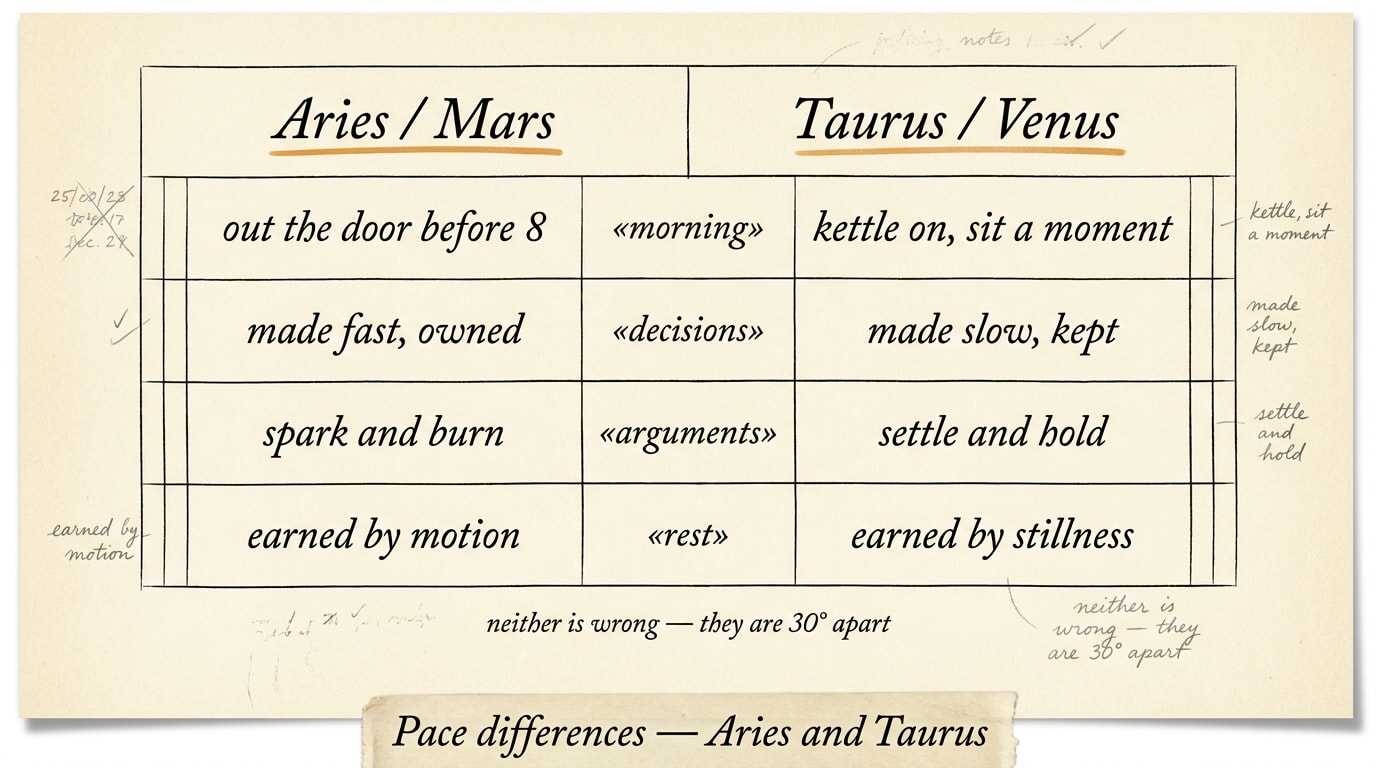Vintage scientific diagram on aged cream paper showing a zodiac ring with Aries at 0° in amber and Taurus at 30° in navy, slender arc labelled «30° — semisextile»