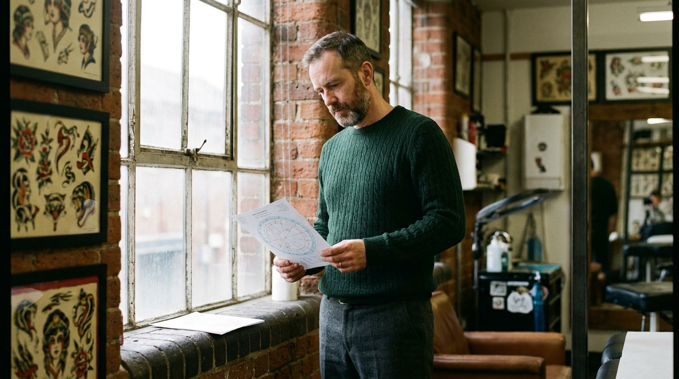 A 46-year-old white-mixed-heritage man sitting in a Bristol tattoo studio waiting area in late-morning light, wearing a casual jacket and dark jeans, leaning slightly forward with a printed birth chart on his lap, holding the corner of the printout between his finger and thumb, looking down at it rather than at his phone, the studio's framed prints visible softly out-of-focus on the wall behind him, the quiet attention of a man who has thought about this for some time and arrived without rushing, in the spirit of a Sunday Times Magazine photograph