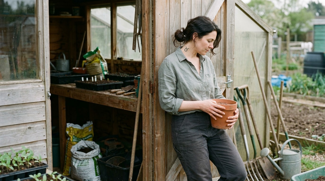 A 37-year-old white British woman in an allotment shed in late-afternoon light, wearing a practical green fleece pushed up at the sleeves, holding a small seedling in a clay pot with soil on her hands, a small finished Taurus glyph tattoo (♉, fine-line, slightly faded) visible on the inside of her left forearm just above the wrist, light catching the edges of the shed, autumn leaves visible through the open door behind her, the quiet attention of someone who chose this mark a few years ago and now thinks about it once a week if that, in the spirit of a Guardian Country Diary photograph