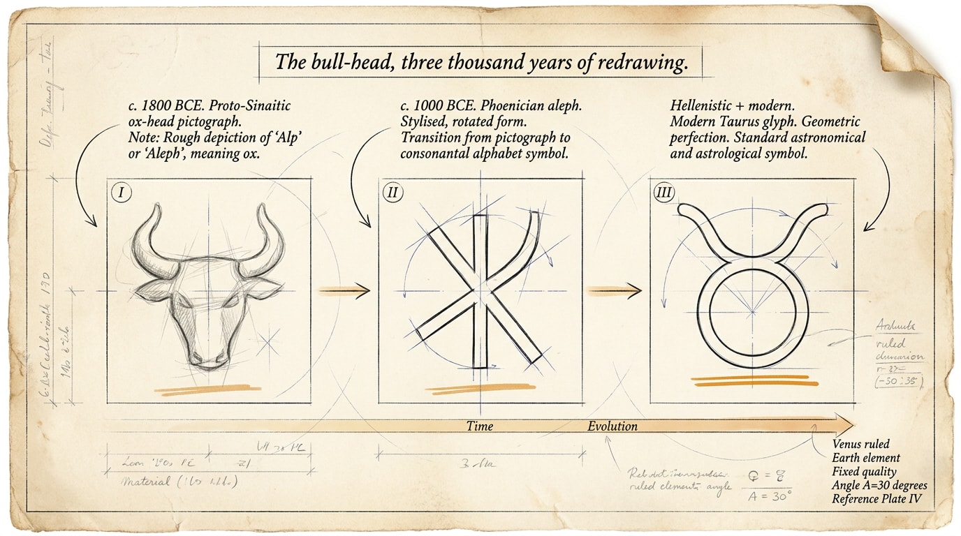 A hand-drawn architectural blueprint on aged ivory paper with soft black pen-line technical annotations, navy guide-lines, faint tea-stain corners; the page shows three stages of glyph evolution drawn as connected pencil sketches with leader-lines and Roman-numeral labels — Stage I a Proto-Sinaitic ox-head pictograph in loose pencil, Stage II a Phoenician aleph in slightly more angular pen-line, Stage III the modern Taurus glyph ♉ rendered in confident clean line; a small handwritten title strip reads "The bull-head, three thousand years of redrawing", small handwritten margin notes give approximate dates ("c. 1800 BCE", "c. 1000 BCE", "Hellenistic + modern"); one warm-amber underline accent under the modern glyph