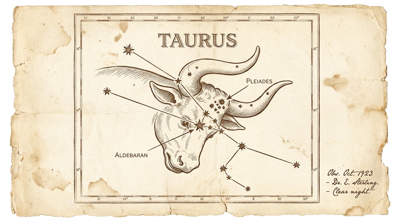 A vintage scientific diagram engraved on aged ivory cream paper with subtle grain and a faint tea-stain shadow in one corner, in the spirit of a 1950s Audubon astronomical plate; the page shows the Taurus constellation as it appears in the northern winter sky — a slightly tilted V-shape of the Hyades cluster forming the Bull's face with one larger warm-amber dot at the lower-left marking Aldebaran, the seven-star Pleiades cluster drawn as a small clump in fine black ink above and to the right, the rough horn outline traced in dotted leader-lines; handwritten serif labels in black ink read "Pleiades — M45 — seven naked-eye stars" and "Aldebaran — α Tauri — K5 red giant", Roman numerals I and II underlined in single warm-amber pencil strokes mark the two key features, a handwritten title strip at the foot reads "Taurus — winter constellation, oldest in continuous use"; no human figures, no zodiac glyphs floating