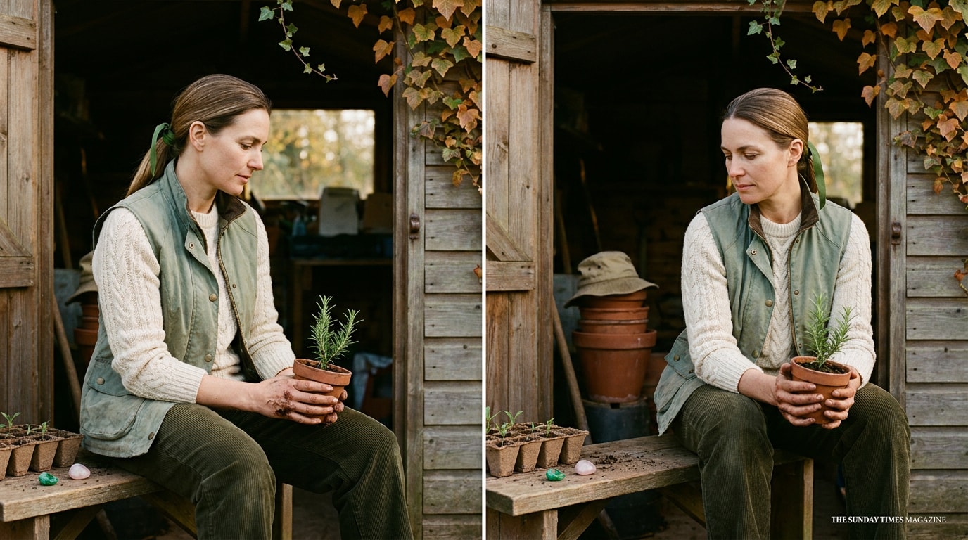 A 37-year-old white British woman in a practical fleece sitting on a low bench in an allotment shed in afternoon light, pausing mid-task with a half-potted seedling tray on her lap, a single loose emerald and a tumbled rose-quartz pebble resting on the bench beside the tray, soil on her hands and a quiet thoughtful expression on her face, the kind of pause where someone holds two unrelated good things at once and notices that they belong to the same family, late spring light through the open shed door, in the spirit of a Sunday Times Magazine photograph
