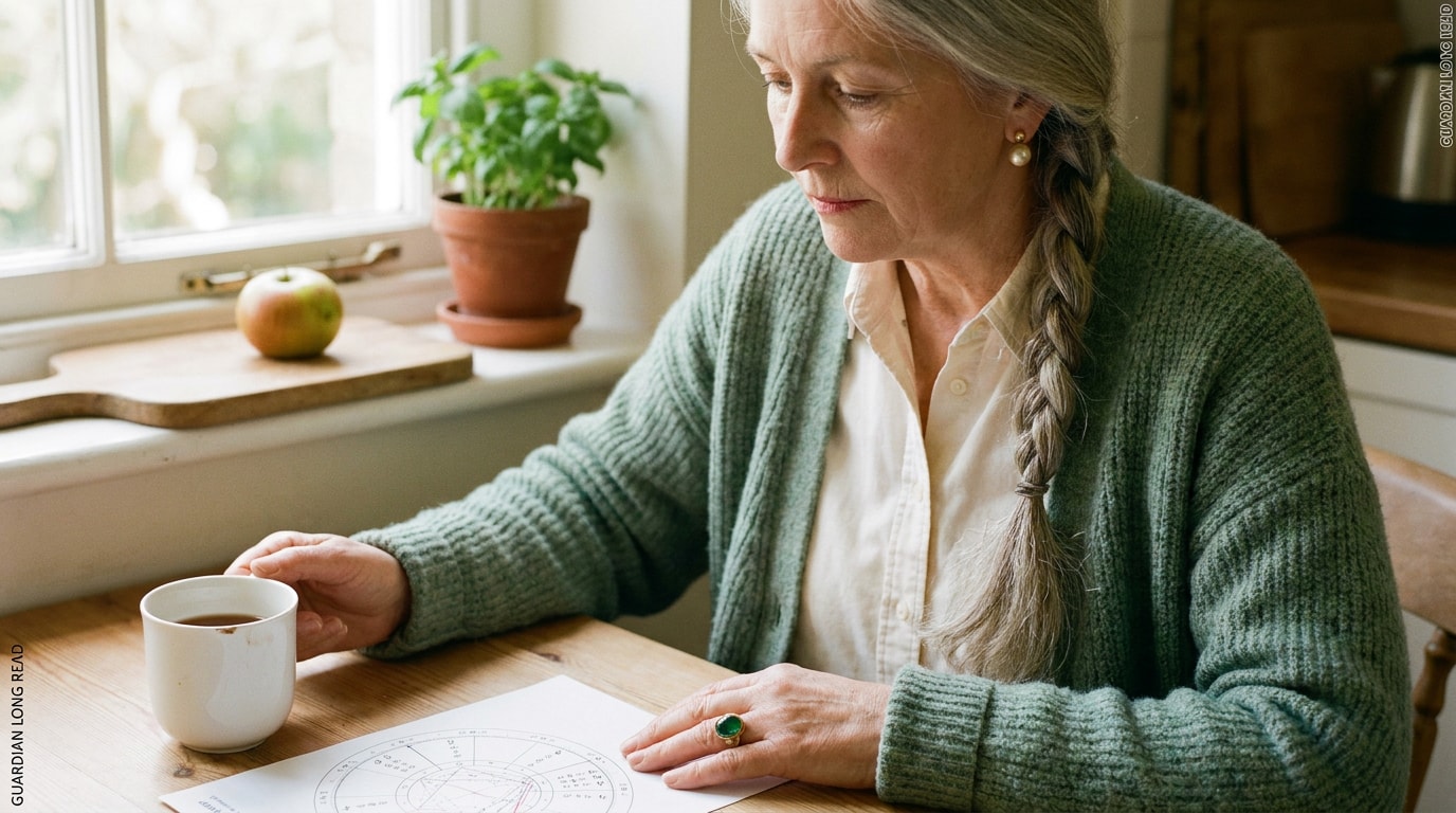 A 58-year-old white British woman in a soft navy jumper sitting at a kitchen table in morning light, a small emerald ring resting on top of a printed birth-chart wheel on the table, a half-finished cup of tea beside the wheel, her hand near the ring but not picking it up, looking down at it with the quiet thought of someone who has lived long enough to know which questions to ask the chart and which questions to ask the stone, the kind of morning when you sit with one small thing for longer than you planned, soft natural light through the kitchen window, in the spirit of a Guardian Long Read portrait