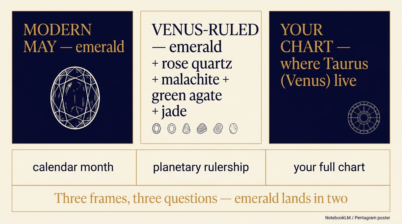 A bento-grid editorial infographic on a warm cream #F5EFE0 background with generous inner padding between mosaic panels of different sizes packed together. Six rectangular panels of varying scale carry the three-frame Taurus-birthstone map. Three larger labelled panels span the top half: a deep warm-navy #0A0A2E panel reads «Modern May — emerald» in warm-amber #D4A847 editorial serif, with a small deep-green emerald cabochon illustration in cream pen-line beside it; a cream panel reads «Venus-ruled — emerald + rose quartz + malachite + green agate + jade» in warm-navy serif, with five tiny stone glyphs in pen-line beside (an emerald, a soft pink rose-quartz cluster, a banded green malachite oval, a striped green agate, a nephrite jade leaf-form); a second warm-navy panel reads «Your chart — where Taurus (and Venus) live» in warm-amber serif, with a tiny birth-chart wheel glyph in cream pen-line. Three smaller foot-panels carry one-line clarifications «calendar month», «planetary rulership», «your full chart» in clean sans-serif labels. Thin warm-amber connecting rules between panels. A small caption strip at the foot reads «Three frames, three different questions — and emerald lands in two of them.» Aspect 16:9, calm mosaic, no human figures, no zodiac glyphs floating.