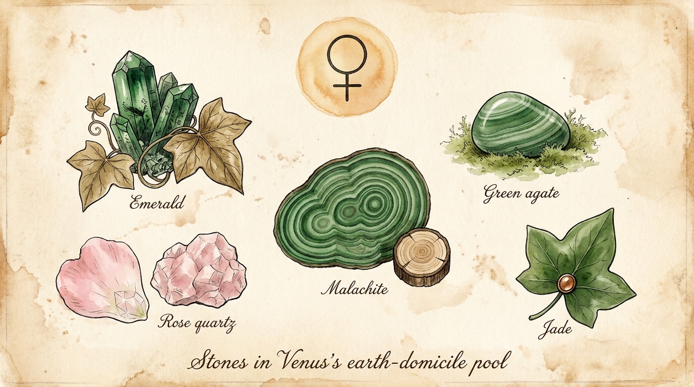 A botanical-illustration infographic in the spirit of an Audubon plate or vintage gardener's almanac, painted on aged ivory cream paper with soft watercolour wash and thin black ink outlines, central Venus glyph (the circle-and-cross ♀) at the top in soft warm-amber wash; five stones drawn as botanical-style illustrations radiating below — emerald painted as a deep-green crystal cluster with a single climbing-ivy leaf curling around it, rose quartz painted as a soft pink wild-rose petal with crystal facets sketched into the underside, malachite painted as a banded earth-green oval with concentric rings resembling a tree cross-section, green agate painted as a quiet striped pebble with a sprig of garden moss beside it, jade painted as a nephrite-green ivy leaf with a tiny copperplate cabochon at its base; copperplate-script labels in fine black ink under each — «Emerald», «Rose quartz», «Malachite», «Green agate», «Jade»; a copperplate-script title strip at the foot reads «Stones in Venus's earth-domicile pool»; aspect 16:9, no human figures, no floating zodiac glyphs