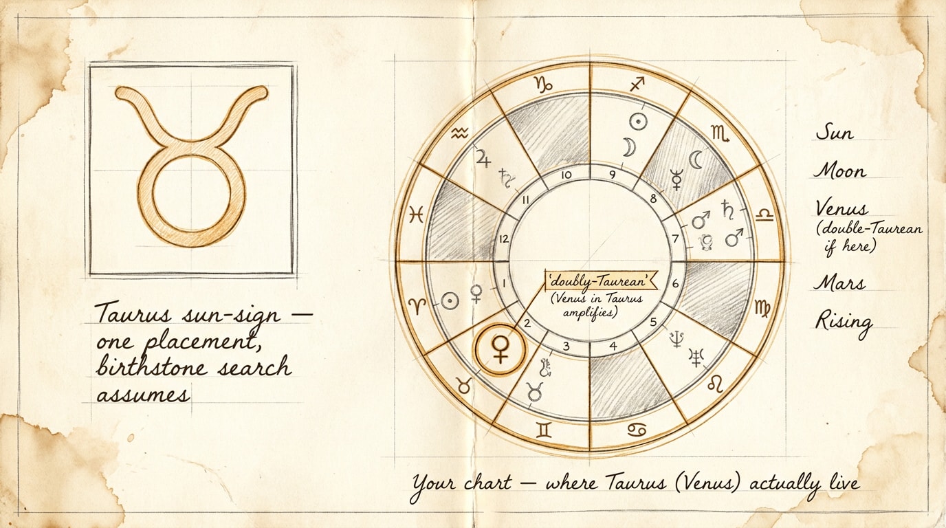 A hand-sketched-blueprint editorial infographic in the spirit of an architectural drawing on aged ivory paper, soft pencil annotations and faint tea-stain corners; the page is split into two halves by a thin vertical fold-rule. On the left half, a small warm-amber Taurus bull glyph at the top, with a hand-lettered architectural label beneath reading «Taurus sun-sign — one placement, what a birthstone search assumes», and a single pencilled box around the bull to underline the one-position frame. On the right half, a full astrological birth-chart wheel rendered in pencil-and-amber pen-line with twelve house divisions marked, ten tiny planetary glyphs scattered around the wheel at varied positions in pencil shading, and the Venus glyph (♀) circled twice in warm-amber pen — a second, slightly larger circle around the first — to flag the «doubly-Taurean» reading; small pencilled side-notes in the margin label «Sun», «Moon», «Venus (double-Taurean if here)», «Mars», «Rising»; a hand-lettered title strip at the foot reads «Your chart — where Taurus (and Venus) actually live»; aspect 16:9, no human figures, no floating zodiac glyphs.