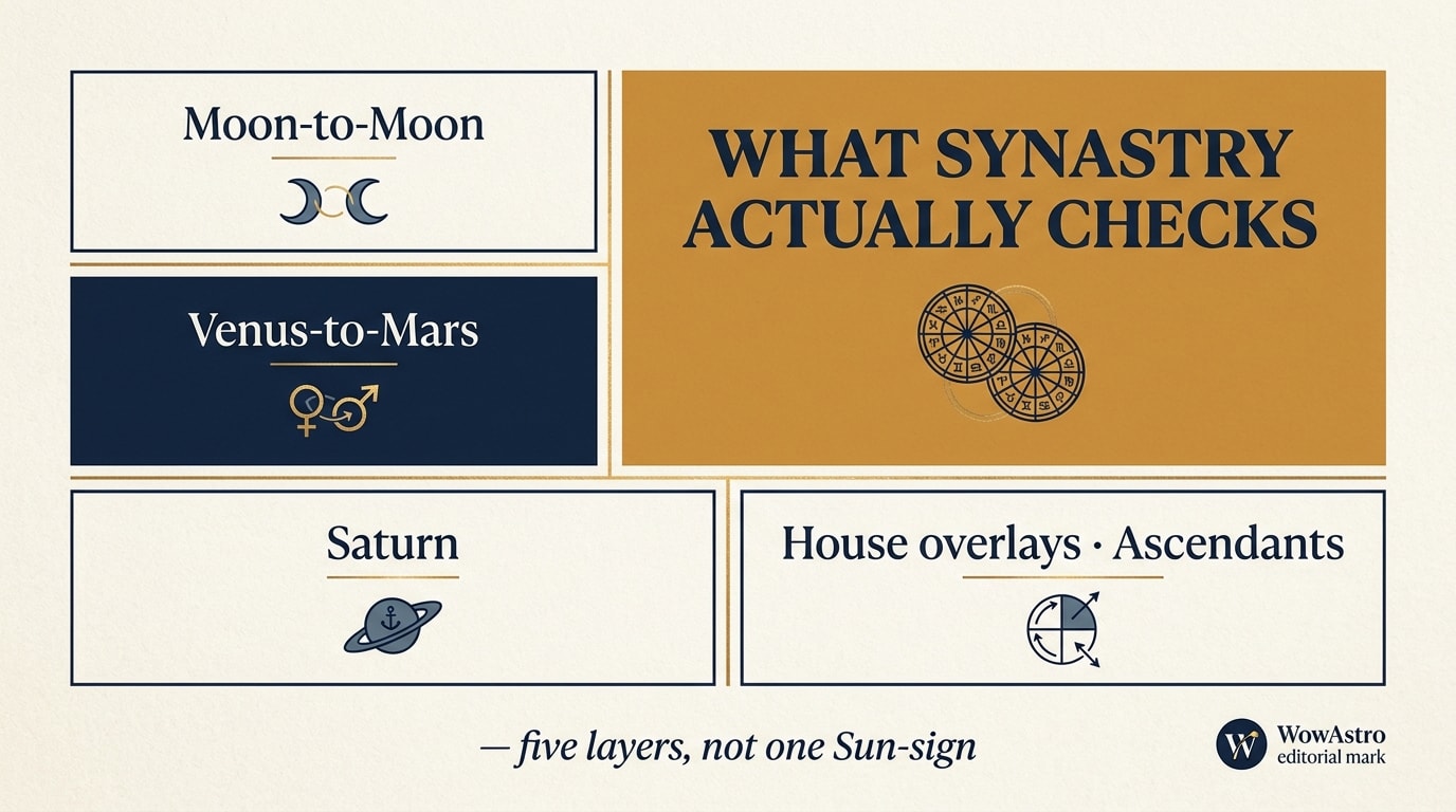 An editorial bento-grid infographic in NotebookLM register, 16:9, cream background divided into five tightly packed rectangular panels of different sizes, each labelled with one synastry factor in bold serif type — Moon-to-Moon, Venus-to-Mars, Saturn, House overlays, Ascendants — with one warm-amber accent panel carrying the headline «What synastry actually checks»