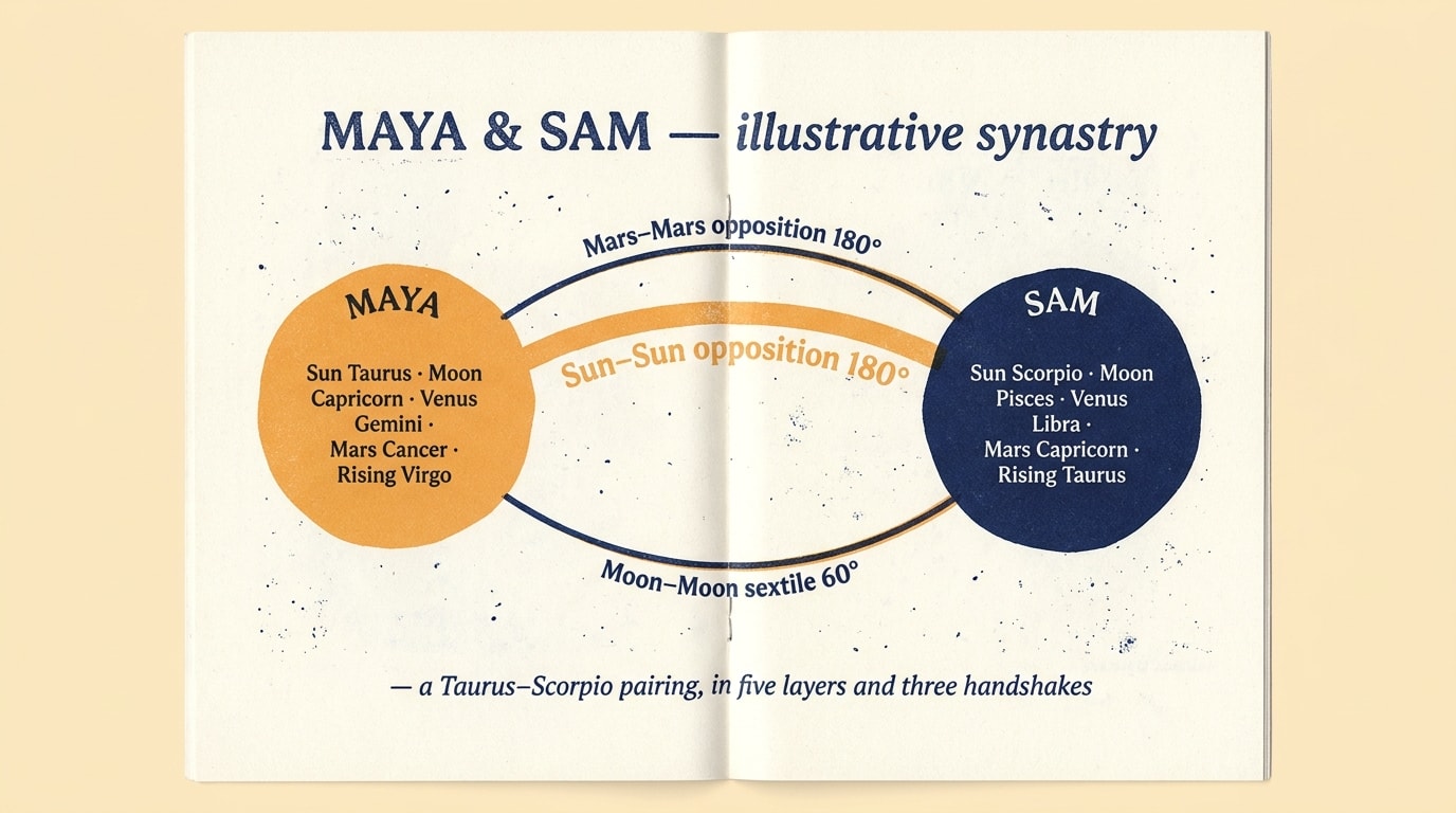 A risograph-printed zine spread on cream paper in a limited three-colour palette of warm navy, warm amber and cream, slightly misaligned colour layers giving the print a tactile indie-magazine feel, showing two scissor-cut circular portrait shapes side by side — one warm amber labelled «Maya» with placement list (Sun Taurus / Moon Capricorn / Venus Gemini / Mars Cancer / Rising Virgo), one warm navy labelled «Sam» with placement list (Sun Scorpio / Moon Pisces / Venus Libra / Mars Capricorn / Rising Taurus) — connected by a single thick amber arc labelled «Sun-Sun opposition 180°» and two thinner navy lines labelled «Moon-Moon sextile 60°» and «Mars-Mars opposition 180°»