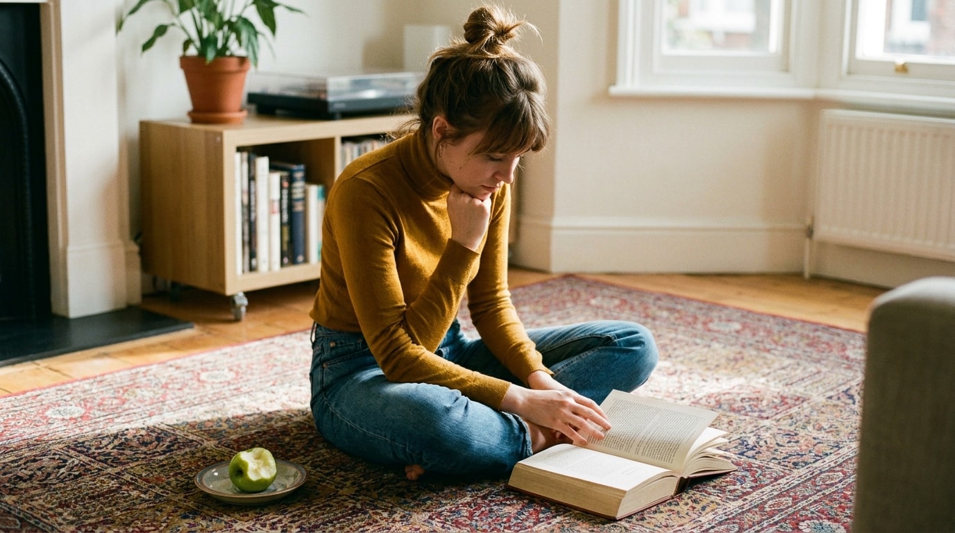 A 24-year-old White British woman in small flat living room, wearing oversized linen shirt + jeans, sitting cross-legged on a rug with a paperback, soft natural editorial lighting