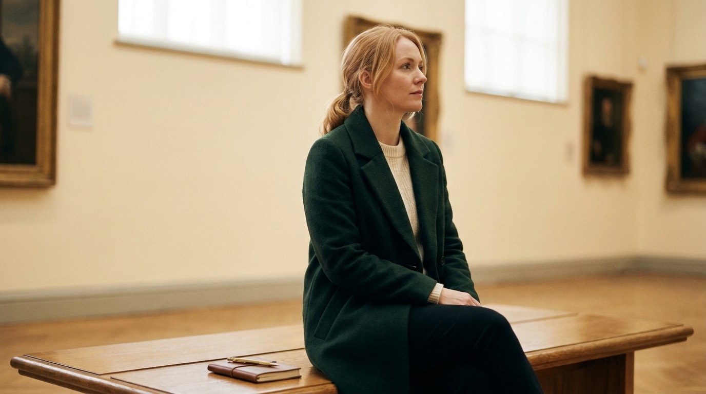 A 30-year-old White British woman in museum bench late morning, wearing long camel coat, looking at a painting off-frame, soft natural editorial lighting