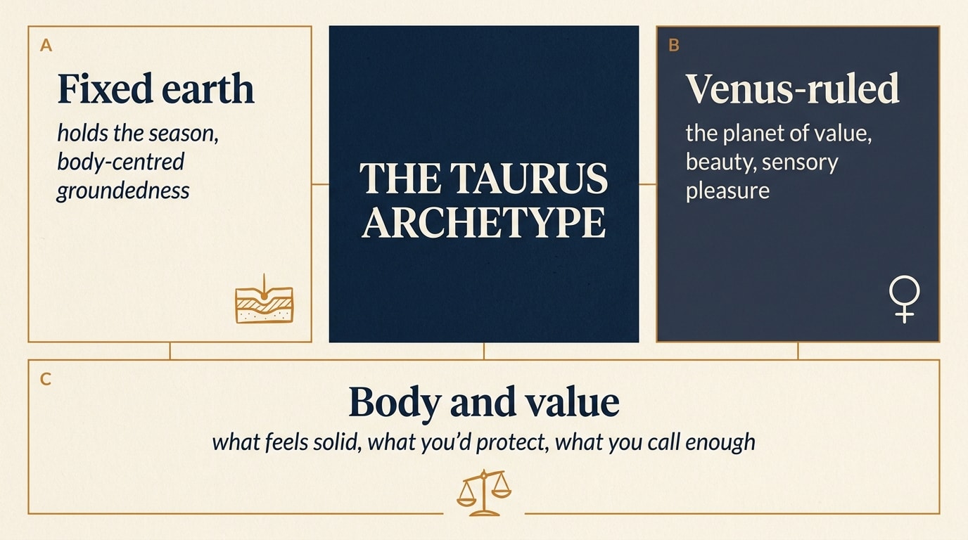 A bento-grid editorial infographic on warm cream paper showing three labelled panels — "Fixed earth", "Venus-ruled", "Body and value" — packed as a mosaic with thin amber connecting rules and a deep-navy hero panel reading "THE TAURUS ARCHETYPE"