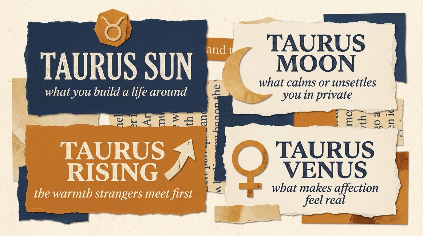 An editorial-collage infographic in the spirit of FT Weekend Magazine, with torn paper edges, layered typography ribbons and scissor-cut shapes on a cream background, showing four panels labelled "Taurus Sun: inner core", "Taurus Moon: private weather", "Taurus Rising: first impression" and "Taurus Venus: how you love" — each in warm navy + amber colour blocks