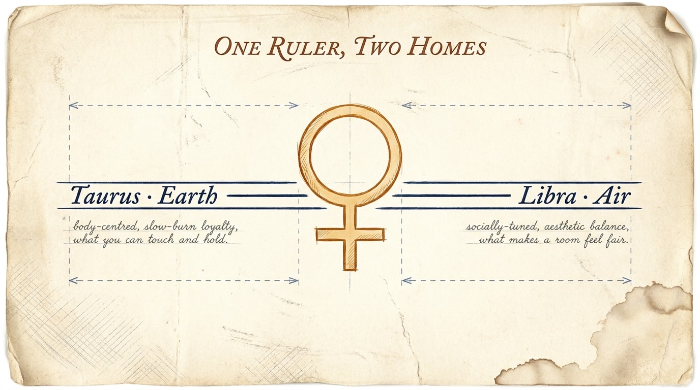 A hand-sketched architectural blueprint on aged ivory paper showing Venus at the centre with two ruled lines extending to "Taurus · Earth" on one side and "Libra · Air" on the other, with pencil annotations describing how the same ruler expresses through each element