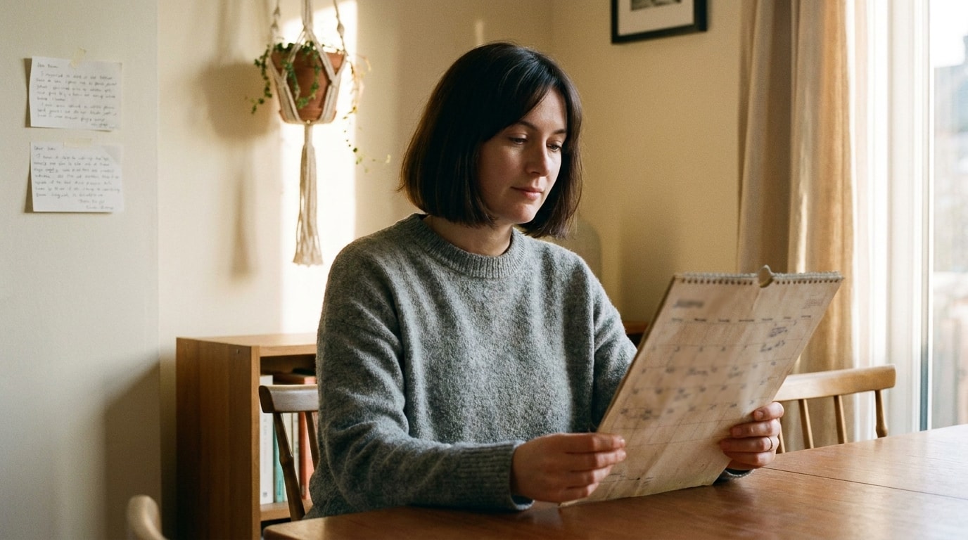 A woman in a quiet living room looking at a paper wall calendar with two small notes pinned beside it, calm focused expression