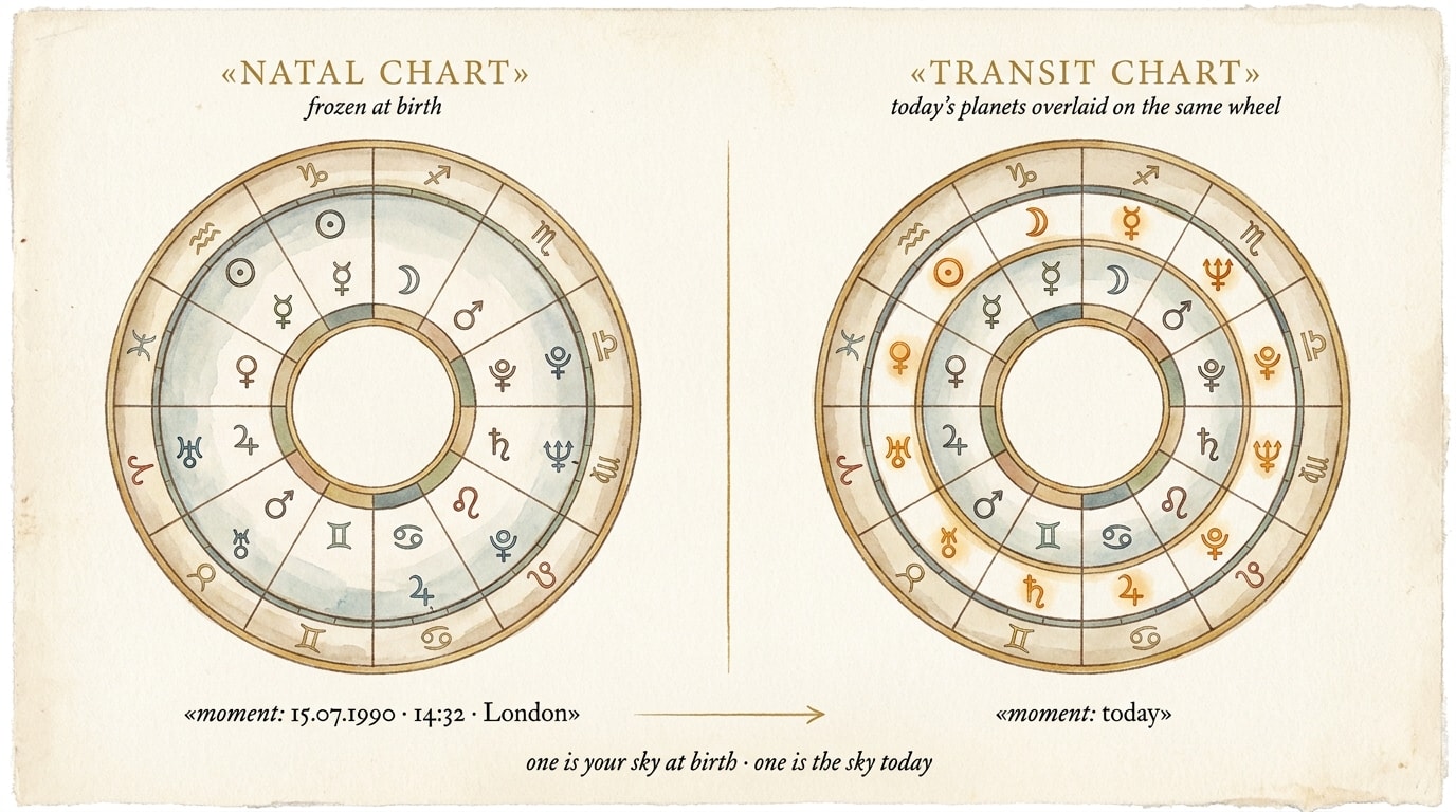 Side-by-side diagram showing a natal chart frozen at birth and a transit chart overlaying today's planets on the same wheel