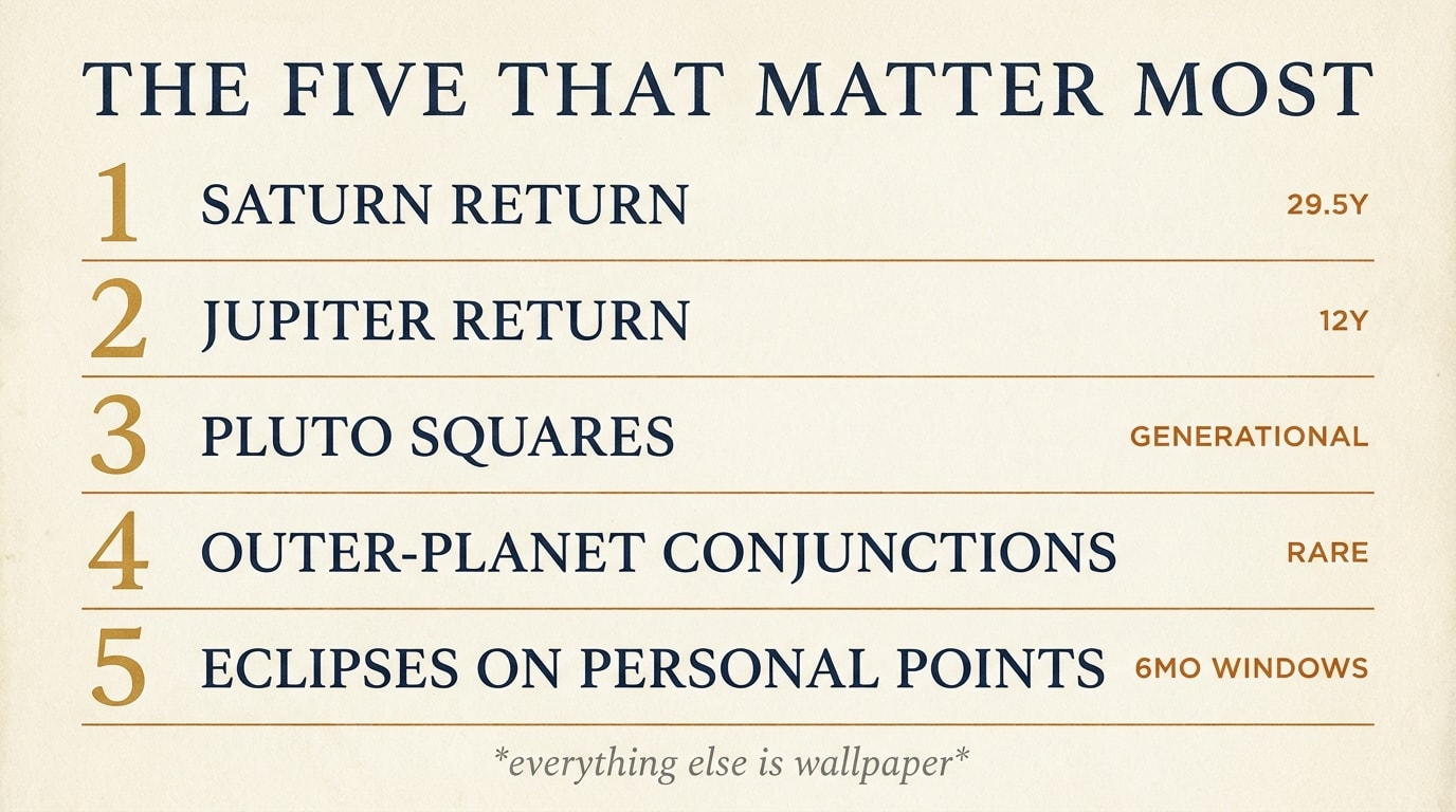 Infographic listing the five transits that matter most with their cycles: Saturn return 29.5y, Jupiter return 12y, Pluto squares generational, outer-planet conjunctions rare, eclipses on personal points 6mo
