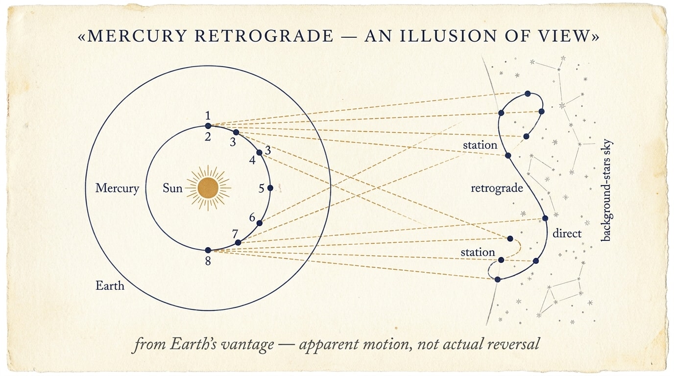 Vector diagram showing Earth and Mercury orbital paths around the Sun with arrows illustrating apparent backward motion from Earth's vantage point